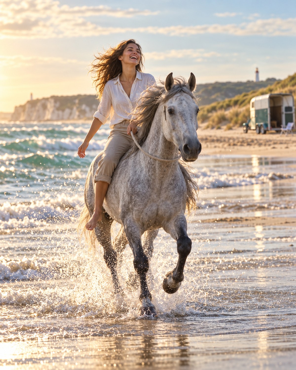 Une cavalière au galop dans les vagues au lever du soleil, son van garé sur la plage